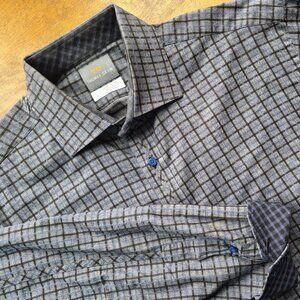 Thomas Dean Mens Large Gray/Blk/Blue Flip Contrast Cuff Button Down Cotton